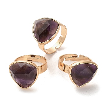 Natural Amethyst with Brass Adjustable Rings for Women, Golden, Triangle, Inner Diameter: 18mm, Triangle: 17x17mm