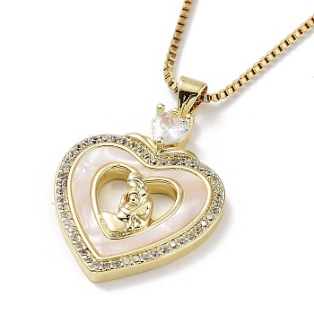 Mother's Day Brass Micro Pave Clear Cubic Zirconia Pendant Necklaces, Shell Necklace with Golden 304 Stainless Steel Chains, Heart, 15.83 inch(40.2cm), Heart: 30x22mm