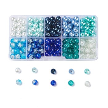 Mixed Baking Painted Crackle Glass & Glass Pearl Bead Sets, Round, Mixed Color, 8~8.5x7.5~8mm, Hole: 1mm, about 19~20pcs/compartment, 190~200pcs/box