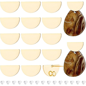 20Pcs Brass Stud Earring Findings, with Vertical Loops, Half Round, Nickel Free, with 40Pcs Plastic Ear Nuts, Real 18K Gold Plated, 9x16mm, Hole: 2.5mm, Pin: 0.8mm