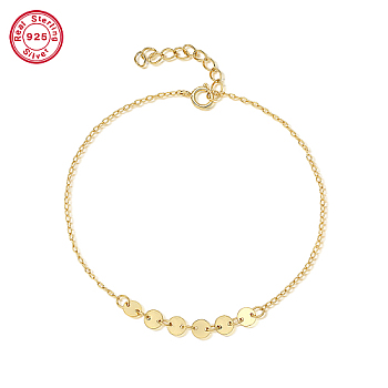 925 Sterling Silver Flat Round Link Bracelets, Real 18K Gold Plated, 6-3/4 inch(17cm)