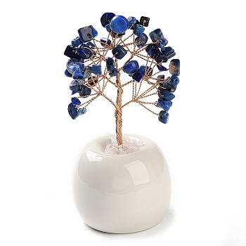 Natural Lapis Lazuli Chips Tree of Life Decorations, Round Porcelain Base with Copper Wire Feng Shui Energy Stone Gift for Home Office Desktop Decoration, 57x113~129mm