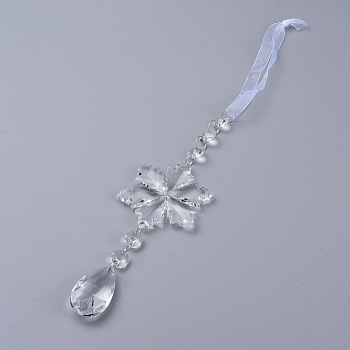 Crystals Chandelier Suncatchers Prisms, Snowflake & teardrop, Glass Hanging Pendant, with Organza Ribbon, Faceted, Clear, 370mm