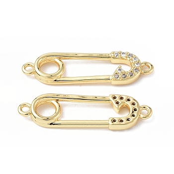 Eco-Friendly Rack Plating Brass Micro Pave Clear Cubic Zirconia Connector Charms, Safety Pins Links, Long-Lasting Plated, Lead Free & Cadmium Free, Real 18K Gold Plated, 25x7x2.5mm, Hole: 1.2mm