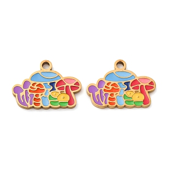 304 Stainless Steel Pendants, with Enamel, Ion Plating(IP), Mushrooom, Colorful, 11x15.3x1.5mm