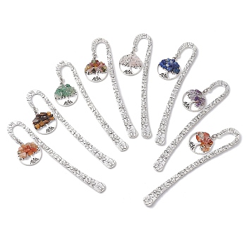 8Pcs 8 Styles Tibetan Style Alloy Bookmarks, Tree of Life Gemstone Chip Charm Bookmarks, Antique Silver, 122x10.5x2.5mm