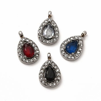 304 Stainless Steel Cubic Zirconia Pendants, with Rhinestone, Teardrop Charms, Mixed Color, 13.5x8.5x4mm, Hole: 1.8mm
