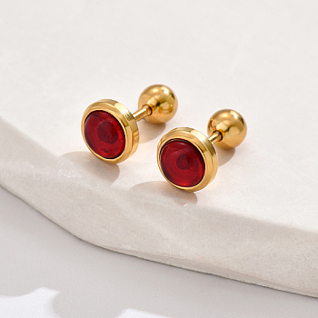 Real 18K Gold Plated 304 Stainless Steel Flat Round Stud Earrings, with Plastic, Red, 8mm