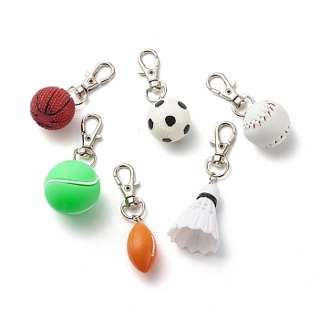 Resin & Plastic Sports Ball Pendant Decorations, Lobster Clasp Charms, Clip-on Charms, for Keychain, Purse, Backpack Ornament, Stitch Marker, Mixed Shaped, Mixed Color, 57.5~70mm