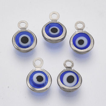 Handmade Lampwork Charms, with 304 Stainless Steel Findings, Flat Round with Evil Eye, Blue, 9.5x6.5x2.5mm, Hole: 1.5mm