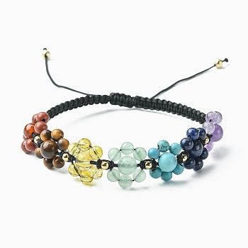 Chakra Theme Flower Natural & Synthetic Mixed Gemstone Braided Bead Bracelet, Nylon Adjustable Bracelet for Women, Inner Diameter: 2-3/8~3-3/4 inch(6~9.5cm)