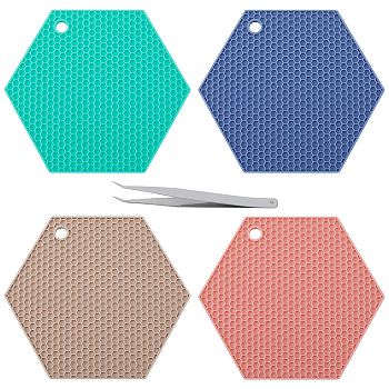 4Pcs 4 Colors Honeycomb Pattern Silicone Hot Pads, for Hot Dishes, Heat Resistant Heat Insulation Pad, Kitchen Tool with 1Pc Iron Beading Tweezers, Mixed Color, 180x155x6mm, Hole: 11mm