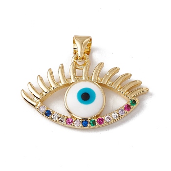 Brass Micro Pave Colorful Cubic Zirconia Enamel Pendants, Cadmium Free & Nickel Free & Lead Free, Rack Plating, Evil Eye, Real 18K Gold Plated, 15.5x24x3mm, Hole: 3.5mm