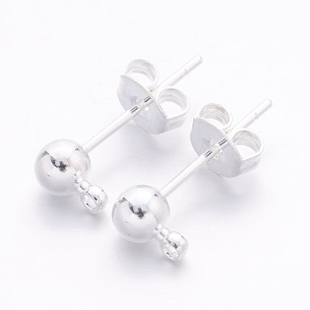 Silver Color Plated Brass Post Earring Findings, with Loop, Nickel Free, 15x6mm, Hole: 1mm, Ball: 4mm, Pin: 0.8mm