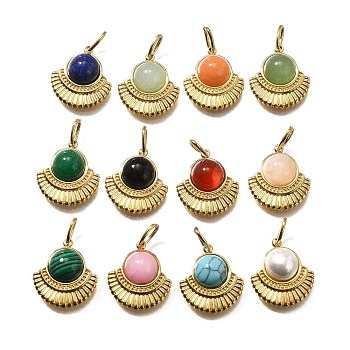 Gemstone Pendants, Fan Charms, with Ion Plating(IP) 304 Stainless Steel Settings and Jump Rings, Real 14K Gold Plated, Mixed Dyed and Undyed, 17x15.5x5.7mm, Hole: 2.5x5mm
