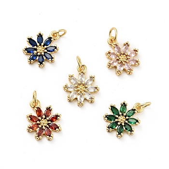 Rack Plating Brass Micro Pave Cubic Zirconia Charms, Long-Lasting Plated, Lead Free & Cadmium Free, Real 18K Gold Plated, Flower, Mixed Color, 14.5x12x3mm, Hole: 3mm