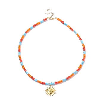 Brass Sun Pendant Necklace with Glass Seed Beaded for Women, Colorful, 17.95 inch(45.6cm)