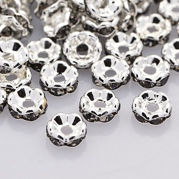 Brass Rhinestone Spacer Beads, Grade AAA, Wavy Edge, Nickel Free, Silver Color Plated, Rondelle, Black Diamond, 6x3mm, Hole: 1mm