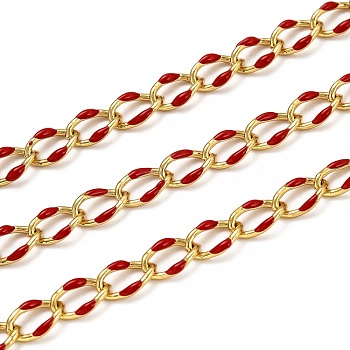 Brass Curb Chains, with Enamel, Spool, Long-Lasting Plated, Soldered, Golden, Red, Link: 10.3x7x1.25mm