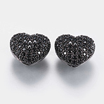 Brass Micro Pave Cubic Zirconia Beads, Hollow Heart, Black, Gunmetal, 11.5x14x8mm, Hole: 2mm(ZIRC-G132-07B)