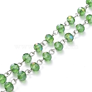 Handmade Electroplate Glass Beaded Chains, with Platinum Plated Iron Eye Pin, Unwelded, Lime Green, 39.37 inch(100cm), Beads: 6x4.5mm(X-AJEW-JB00528-05)
