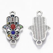 Alloy Enamel Links, with Colorful Resin and Rhinestone, Hamsa Hand/Hand of Fatima/Hand of Miriam, Antique Silver, 23.5x14x3mm, Hole: 1.8mm(PALLOY-Q431-004AS)