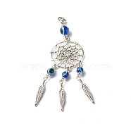 Tibetan Style Alloy Flat Round Net/Web & Feather Pendants, with Round Evil Eye Resin Beads, Royal Blue, 9.8cm(HJEW-JM00543-01)