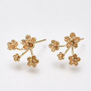 Brass Stud Earring Findings, with Loop, Flower, Nickel Free, Real 18K Gold Plated, 12x15mm, Hole: 0.8mm, Pin: 0.8mm(KK-S350-427)