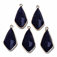 Synthetic Blue Goldstone Charms, with Golden Plated Brass Edge and Loop, Faceted, Rhombus, 35x17.5x8.5mm, Hole: 2mm(G-Q998-029B)