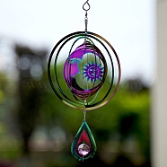 Metal 3D Wind Spinner, with Glass Beads, for Outdoor Courtyard Garden Hanging Decoration, Rainbow Color, Sun, 150mm(PW-WG31340-12)