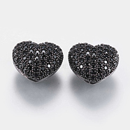 Brass Micro Pave Cubic Zirconia Beads, Hollow Heart, Black, Gunmetal, 11.5x14x8mm, Hole: 2mm(ZIRC-G132-07B)