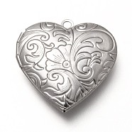 316 Stainless Steel Locket Pendants, Photo Frame Charms for Necklaces, Heart with Floral Pattern, Stainless Steel Color, 29x28.5x6.5mm, Hole: 2mm, Inner Diameter: 17x21mm(X-STAS-P268-08P)