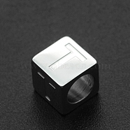 201 Stainless Steel European Beads, Large Hole Beads, Horizontal Hole, Cube, Stainless Steel Color, Letter.T, 7x7x7mm, Hole: 5mm(STAS-N090-LA062-T)
