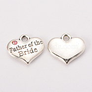 Wedding Theme Antique Silver Tone Tibetan Style Alloy Heart with Father of the Bride Rhinestone Charms, Cadmium Free & Lead Free, Light Rose, 14x16x3mm, Hole: 2mm(TIBEP-N005-19D)