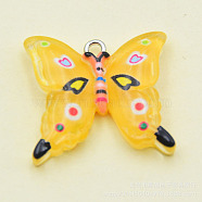 Transparent Resin Pendants, with Platinum Tone Iron Loops, Butterfly Charms, Yellow, 23x24.5x5mm, Hole: 2mm(RESI-G046-02P-01)