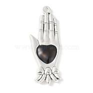 Rack Plating Alloy Enamel Pendants, Cadmium Free & Nickel Free & Lead Free, Palm with Heart Charm, Antique Silver, 37.5x13x2.5mm, Hole: 1.8mm(PALLOY-F018-25AS-01)