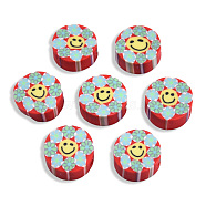 Handmade Polymer Clay Beads, Flat Round with Smiling Face & Flower, Red, 8.5~10x4.5mm, Hole: 1.5mm(CLAY-T019-14C)