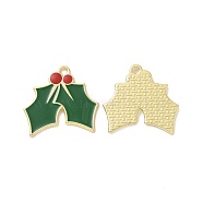 Christmas Theme Rack Plating Alloy Enamel Pendants, Light Gold Tone Holly Charms, Dark Green, 22.5x24x1.5mm, Hole: 2mm(PALLOY-O109-20LG)