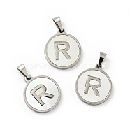 304 Stainless Steel with White Shell Pendants, Stainless Steel Color, Flat Round with Letter Charm, Letter.R, 18x16x1.5mm, Hole: 3x6mm(STAS-G268-01R-P)