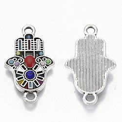 Alloy Enamel Links, with Colorful Resin and Rhinestone, Hamsa Hand/Hand of Fatima/Hand of Miriam, Antique Silver, 23.5x14x3mm, Hole: 1.8mm(PALLOY-Q431-004AS)