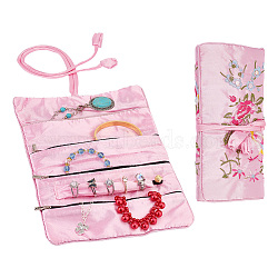 GOMAKERER 2Pcs Retro Rectangle Silk Zipper Roll Pouches, Embroidery Flower Jewelry Storage Bags with Drawstring Rope, Lavender Blush, 20x9cm, Open: 27x20cm(ABAG-GO0001-02C)