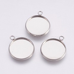 202 Stainless Steel Pendant Cabochon Settings, Plain Edge Bezel Cups, with 304 Stainless Steel Loops, Flat Round, Stainless Steel Color, Tray: 18mm, 23.5x20x2mm, Hole: 2.2mm(X-STAS-I088-A-04P)
