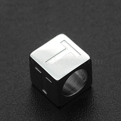 Non-Tarnish 201 Stainless Steel European Beads, Large Hole Beads, Horizontal Hole, Cube, Stainless Steel Color, Letter.T, 7x7x7mm, Hole: 5mm(STAS-N090-LA062-T)