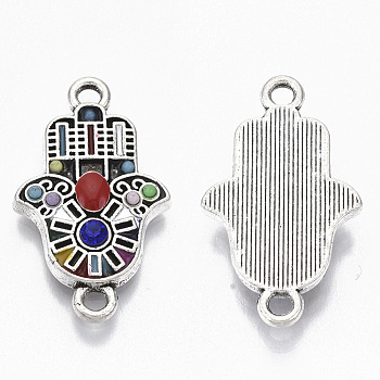 Alloy Enamel Links, with Colorful Resin and Rhinestone, Hamsa Hand/Hand of Fatima/Hand of Miriam, Antique Silver, 23.5x14x3mm, Hole: 1.8mm
