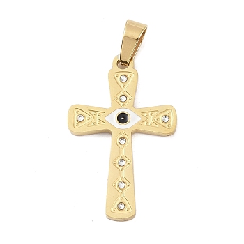 Ion Plating(IP) 304 Stainless Steel Enamel Rhinestone Pendants, Cross Charms, Real 18K Gold Plated, 31.5x20.5x2.5mm, Hole: 6x4mm