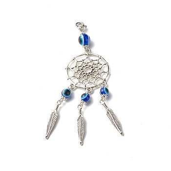 Tibetan Style Alloy Flat Round Net/Web & Feather Pendants, with Round Evil Eye Resin Beads, Royal Blue, 9.8cm