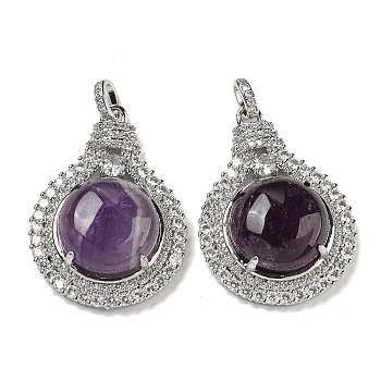 Natural Amethyst with Clear Cubic Zirconia Pendants, Lamp Bulb Charms with Rack Plating Brass Findings, Platinum, Cadmium Free & Lead Free, 35x25x8.8~9.6mm, Hole: 2.8x3.9mm