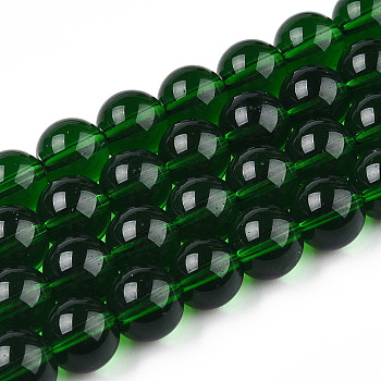 Transparent Glass Beads Strands, Round, Dark Green, 9.5~10mm, Hole: 1.5mm, about 40~42pcs/strand, 14.76~15.12 inch(37.5~38.4cm)