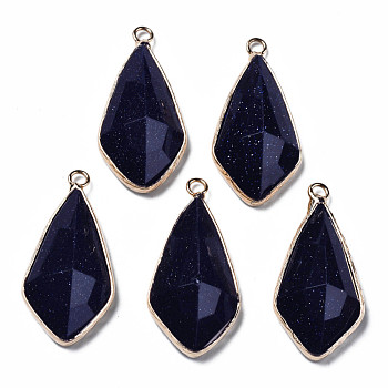 Synthetic Blue Goldstone Charms, with Golden Plated Brass Edge and Loop, Faceted, Rhombus, 35x17.5x8.5mm, Hole: 2mm