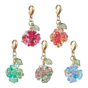 5Pcs Flower Acrylic & Glass Pendant Decorations, Lobster Claw Clasps Ornaments for Bag Key Chain, Mixed Color, 35mm